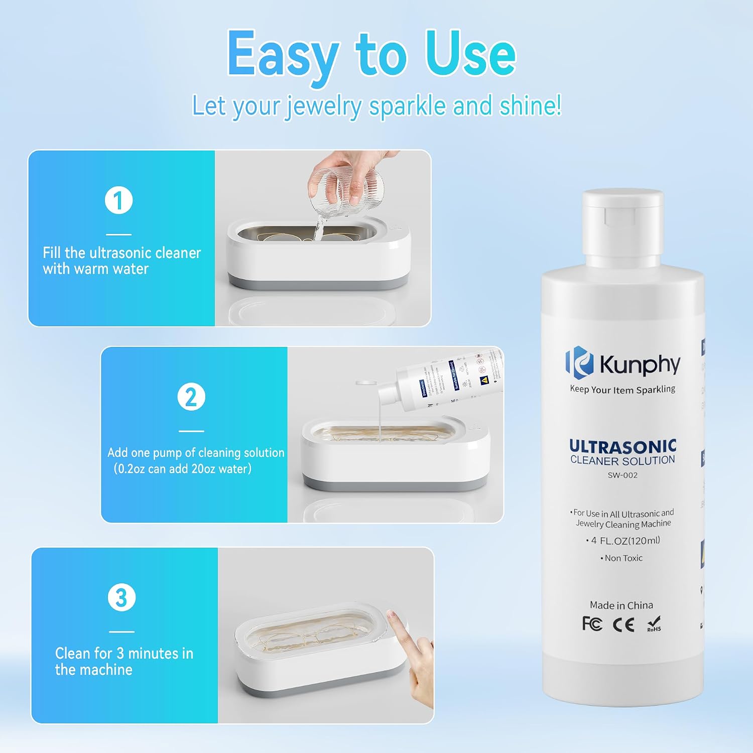 Detalle de Kunphy Ultrasonic Jewellery Cleaner Fluid – Concentrated, Fragrance-Free Cleaning Solution
