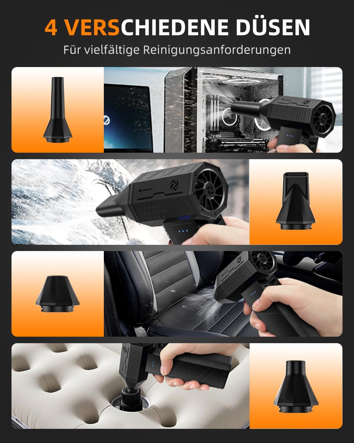 Detalle de Electric Air Cordless Air Duster (110.000 RPM) – akkubetriebenes Mini-Gebläse mit 4 Düsen, 3 Stufen und Überhitzungsschutz