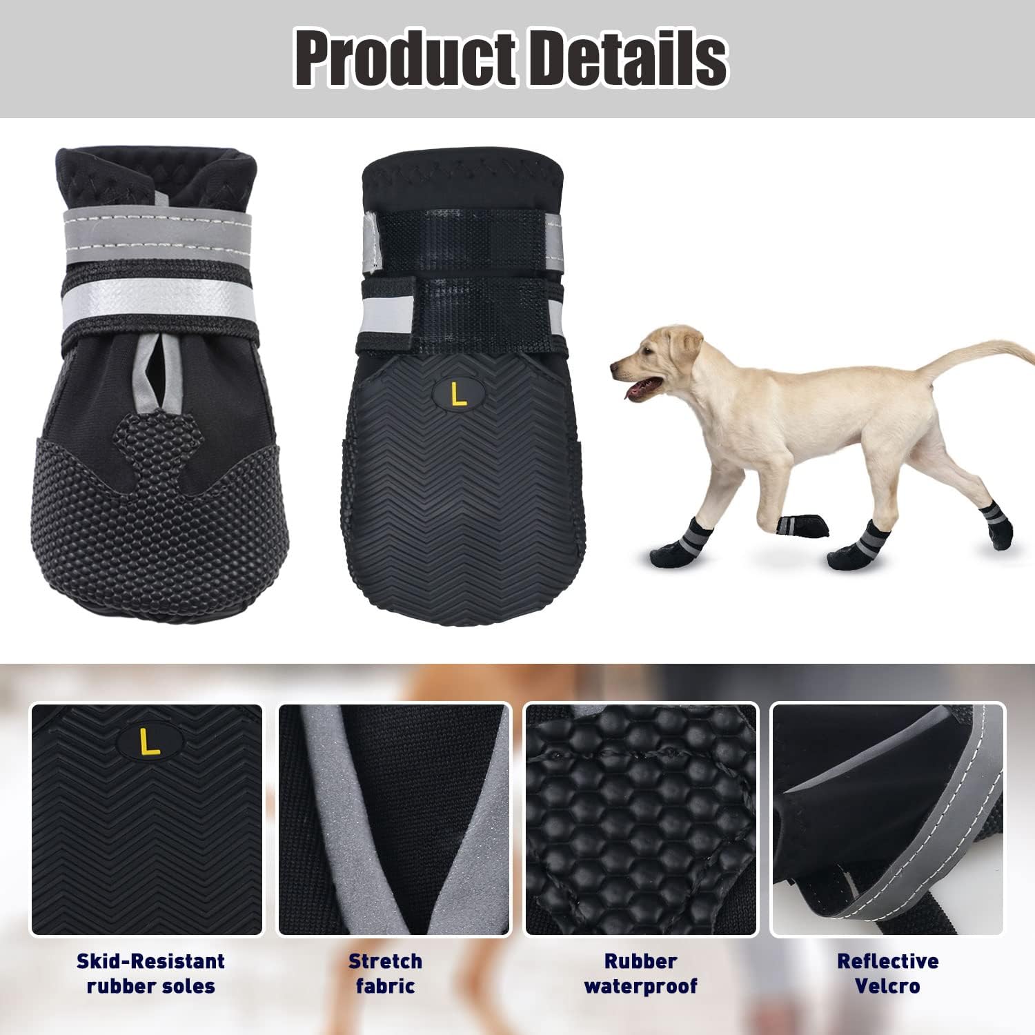 Detalle 2 de Dricar Dog Shoes (Black, L) – Set of 4 Waterproof Anti-Slip Dog Boots with Reflective Straps