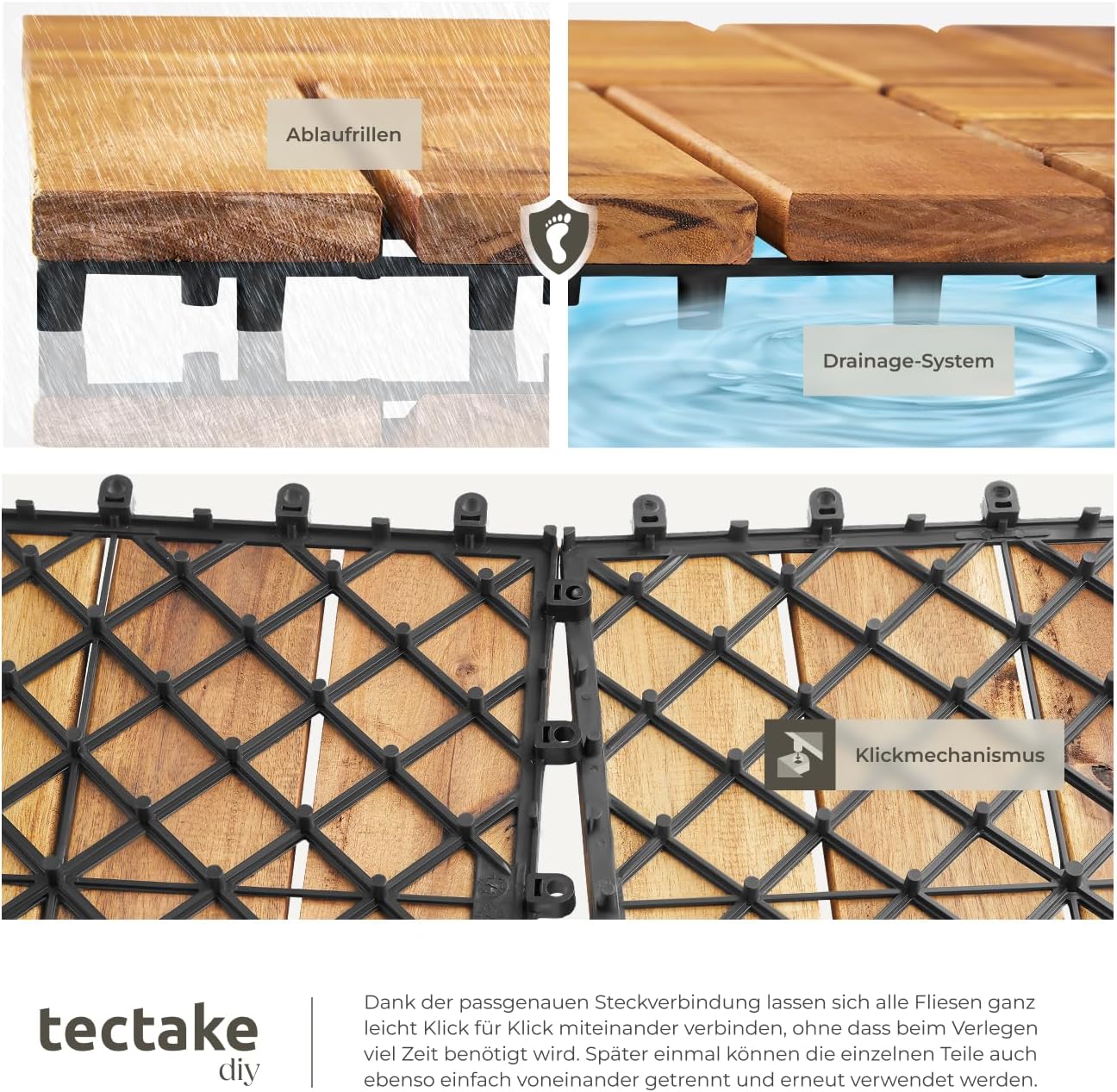 Detalle de tectake Holzfliesen 40-teiliges Set – wetterfeste Akazienholz-Klickfliesen für Terrasse, Balkon & Gartenweg