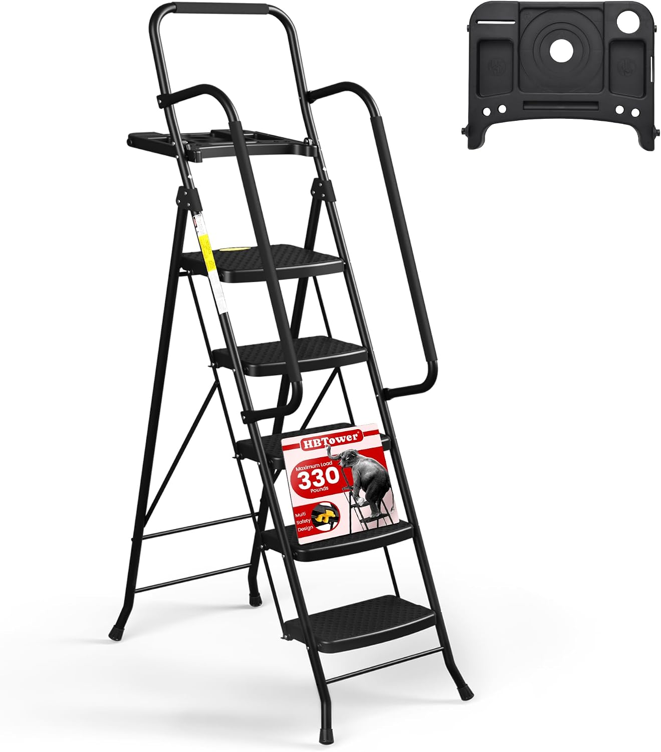 Detalle de HBTower Folding Step Ladder with Wide Non-Slip Pedals and Tool Tray