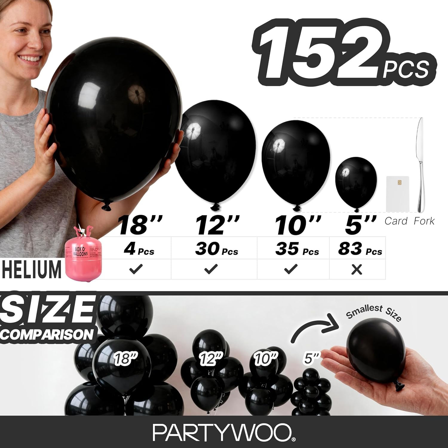 Detalle 2 de PartyWoo Black Balloons Arch Kit, 152-Piece Set (18/12/10/5 Inch Black Balloons)