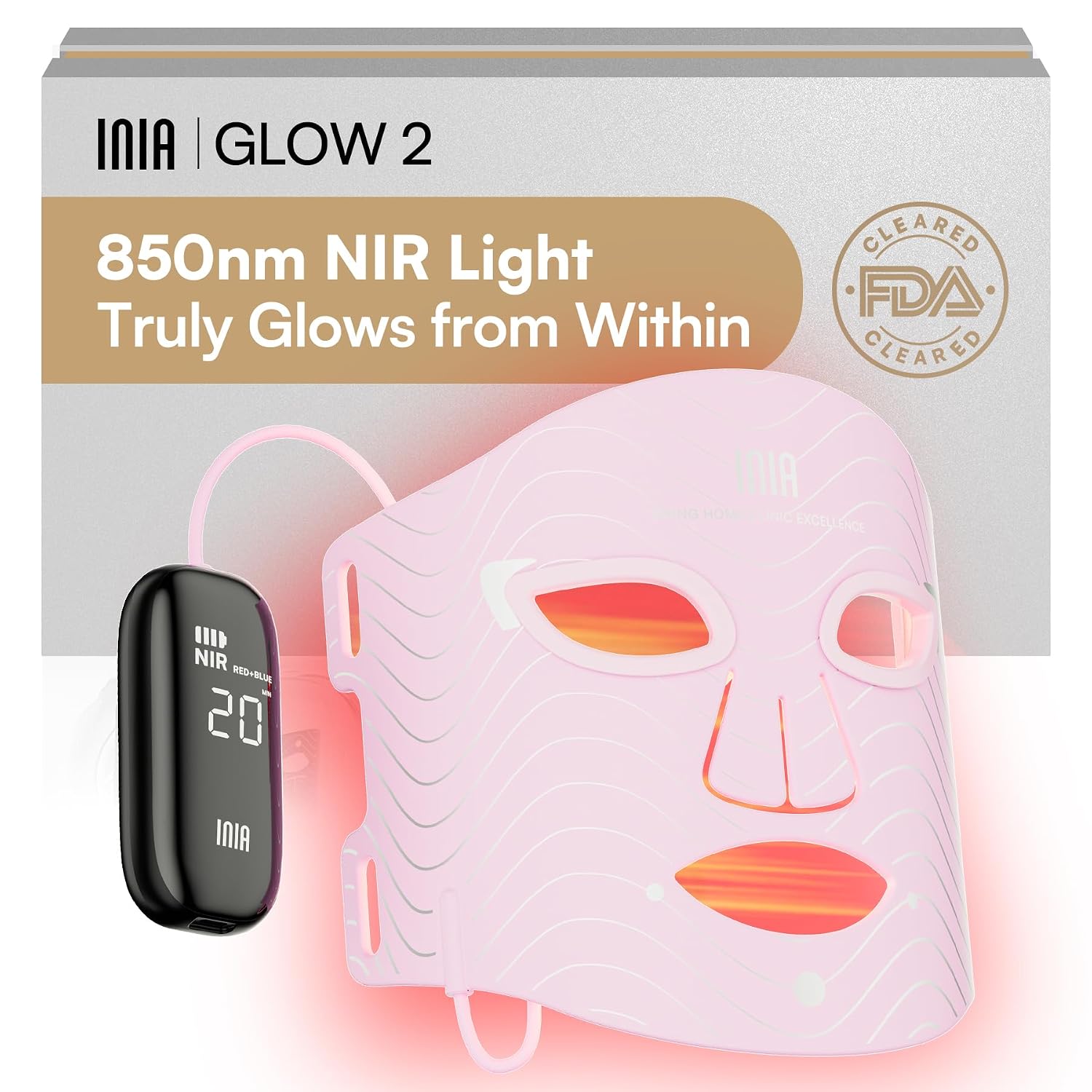 INIA Red Light Therapy Mask with 850nm NIR, Red/Blue LEDs and 4 Modes