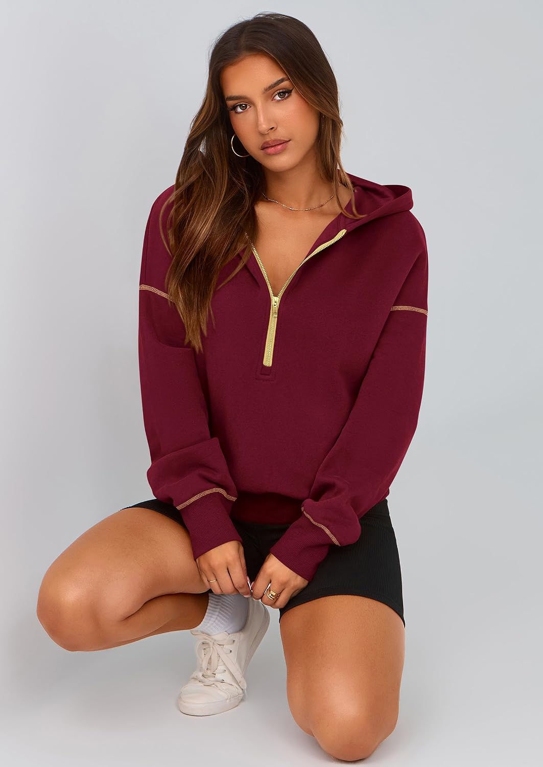 Thumbnail 6 de PRETTYGARDEN Pr785 Cropped Hoodie, Half-Zip Fleece-Lined Pullover