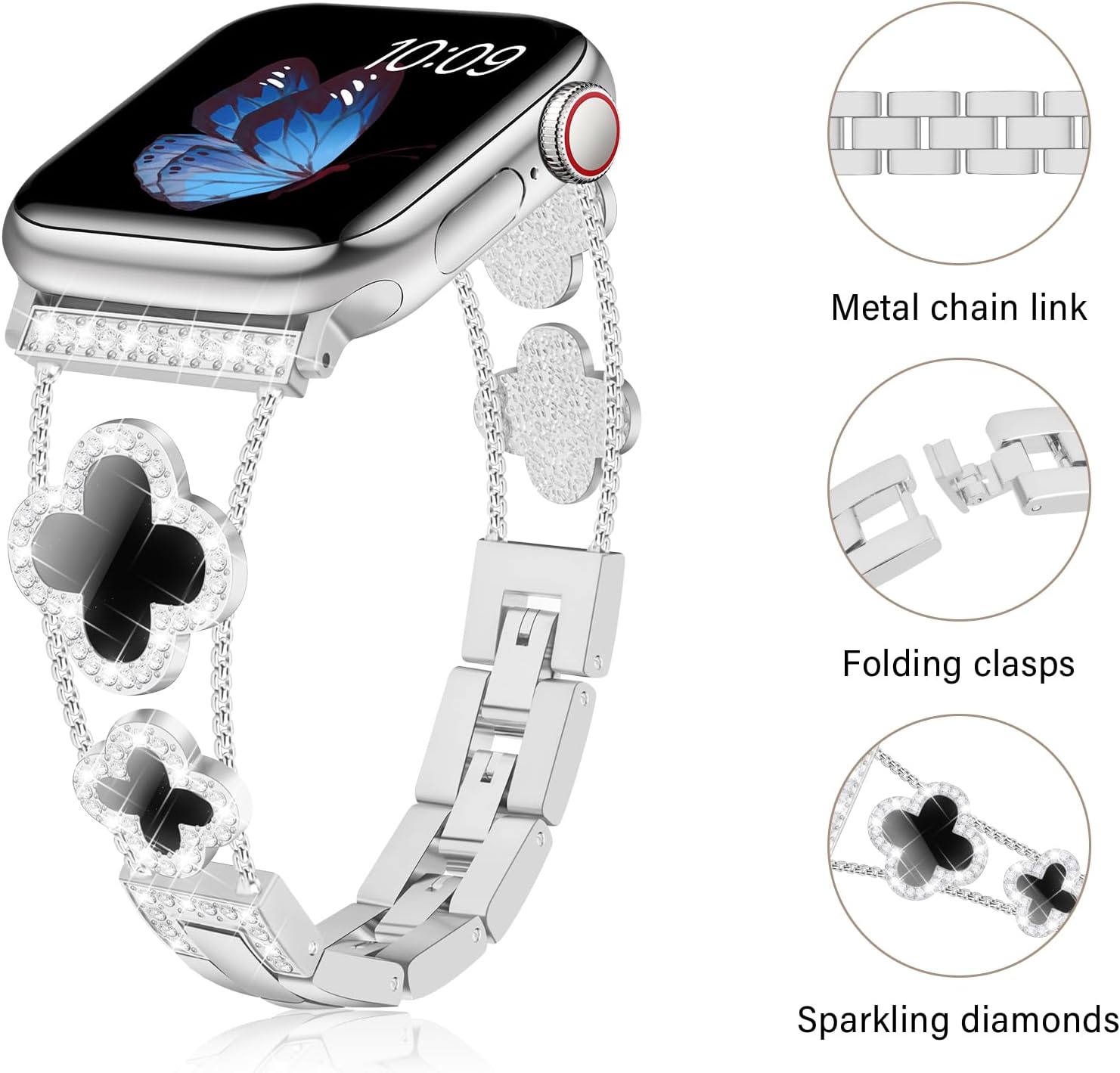 Detalle de Tasikar Bling Diamond Women’s Strap for Apple Watch (42–49mm) – Silver/Black