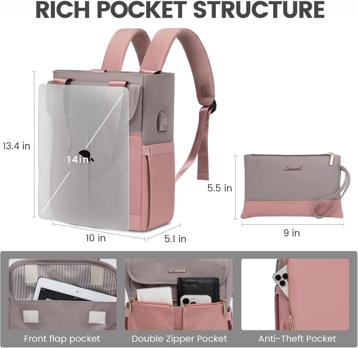 Detalle de LOVEVOOK Damen Klein-Rucksack im City-Format mit 3 Fächern, wasserdicht – grau-rosa