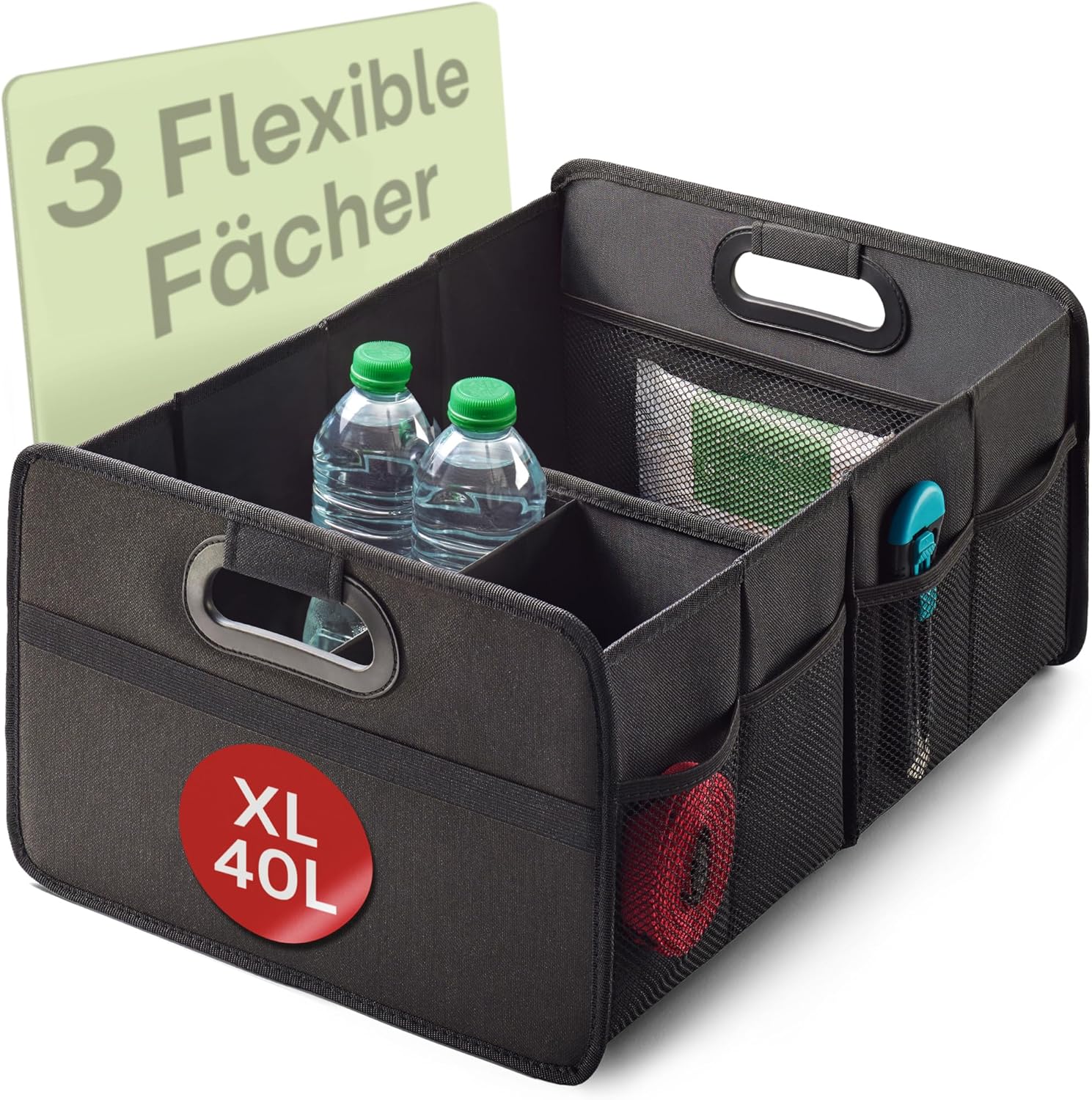 Detalle de Praknu Kofferraum Organizer Faltbar XL – 3 flexible Fächer, 40 L, rutschfest und wasserabweisend