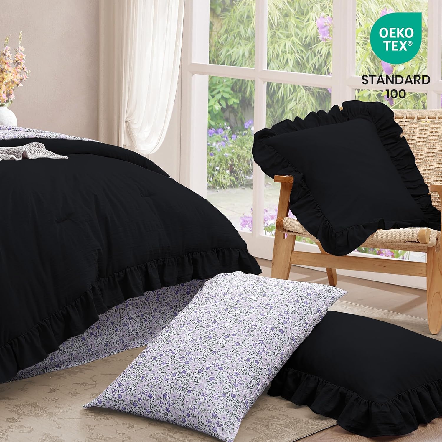 Thumbnail 4 de BLOOMHAVEN Queen Comforter Set - 7 Pieces with Ruffle Edge, Floral Black Bedding