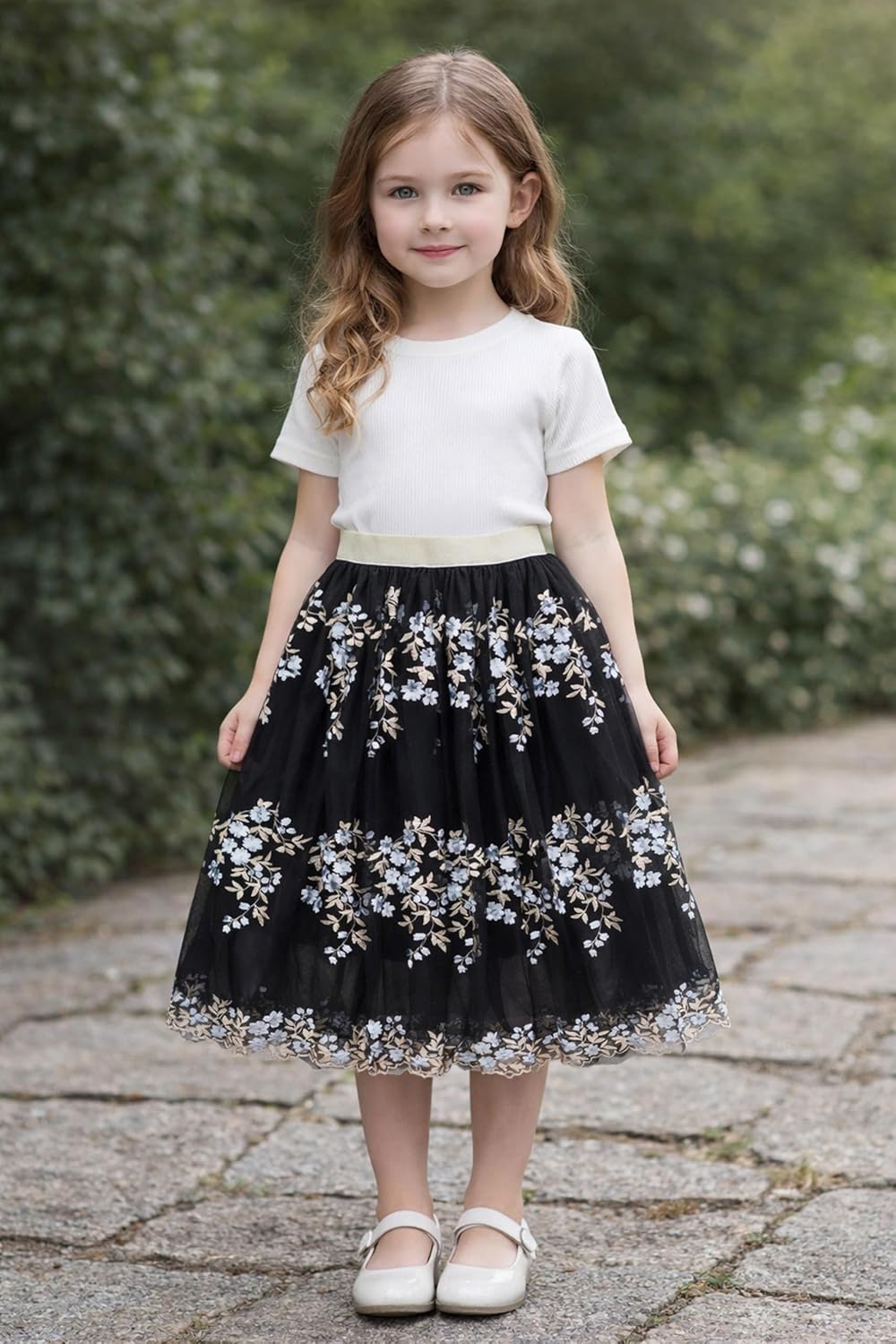 Detalle de es-uk Girls Floral Tulle Skirt with Elastic Waistband – Elegant Party, Wedding & Occasion Skirt for Kids