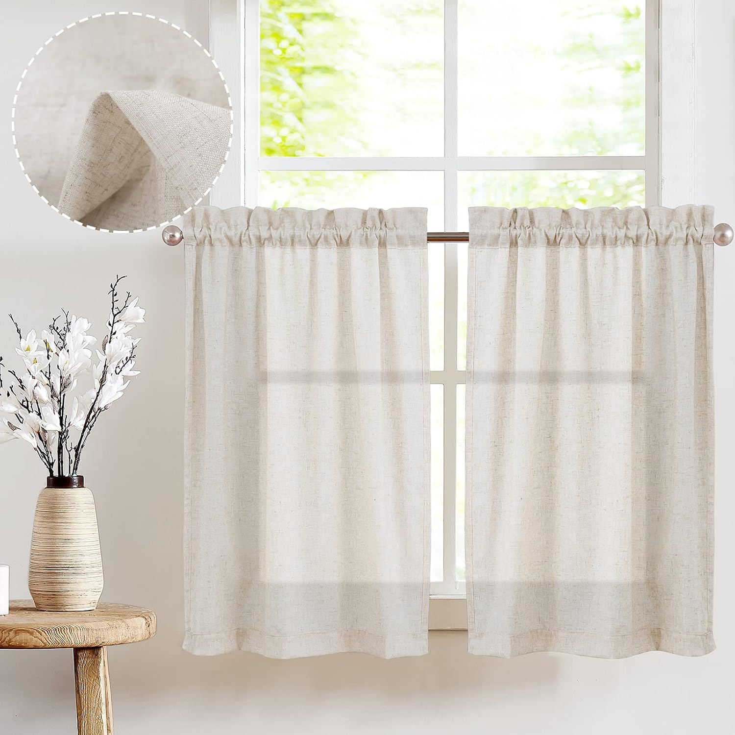 Thumbnail 6 de Vangao Lot de 2 Rideaux Brise-bise en Lin Beige – 65 x 115 cm, cordon de serrage, style campagnard