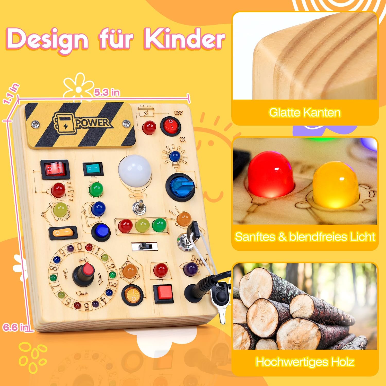 Thumbnail 5 de Montessori Busy Board ab 1 Jahr – Activity Board aus Holz mit 13 Schaltern und 24 LED-Leuchten