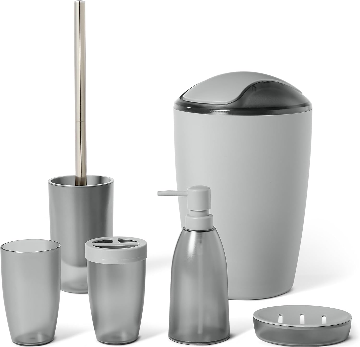 Detalle de Amazon Basics Badezimmerzubehör-Set: Zahnbürstenhalter, Seifenspender, Seifenschale, Becher, Mülleimer, Toilettenbürste