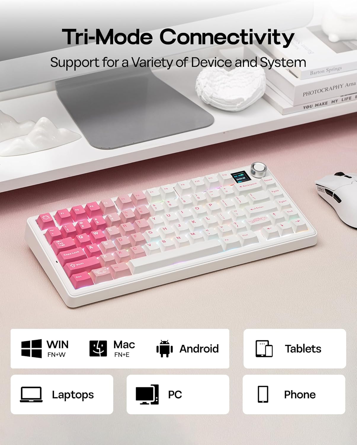 Detalle 2 de EPOMAKER X Aula F75 MAX mechanische Gaming-Tastatur (75 %), TFT-Display, Drehregler & Hot-Swap – QWERTY US (Weiß/Rosa)