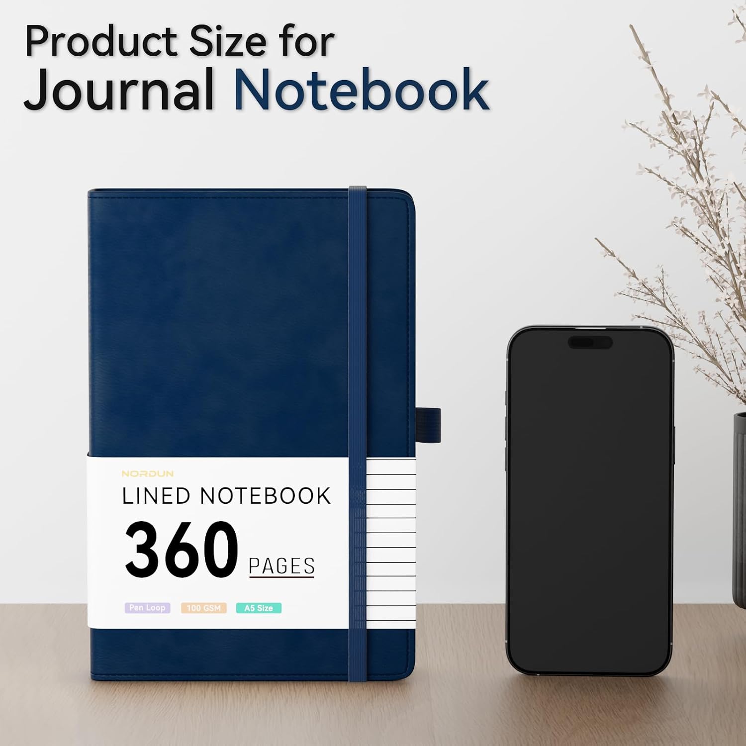 Detalle de NORDUN 360 Pages A5 Lined Notebook with Leather Hardcover, Sticky Notes & Inner Pocket