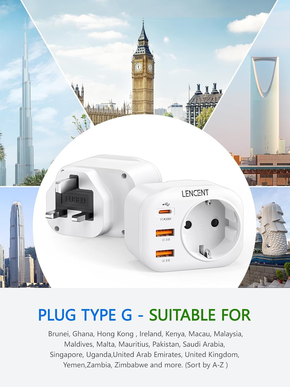 Detalle 2 de LENCENT Reiseadapter UK – 4-in-1 Typ-G Stecker mit 2 USB-C PD/ QC3.0 Anschlüssen (2er Set)