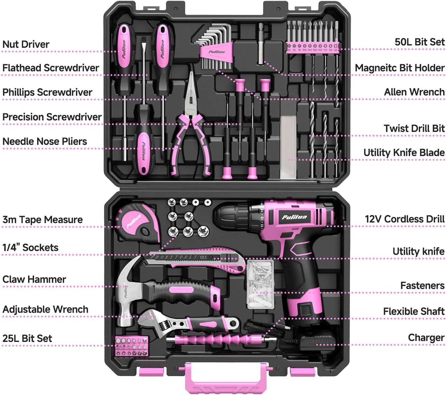 Detalle de PULITUO 7212Set-Pink 149-Piece Tool Set with 12V Cordless Drill