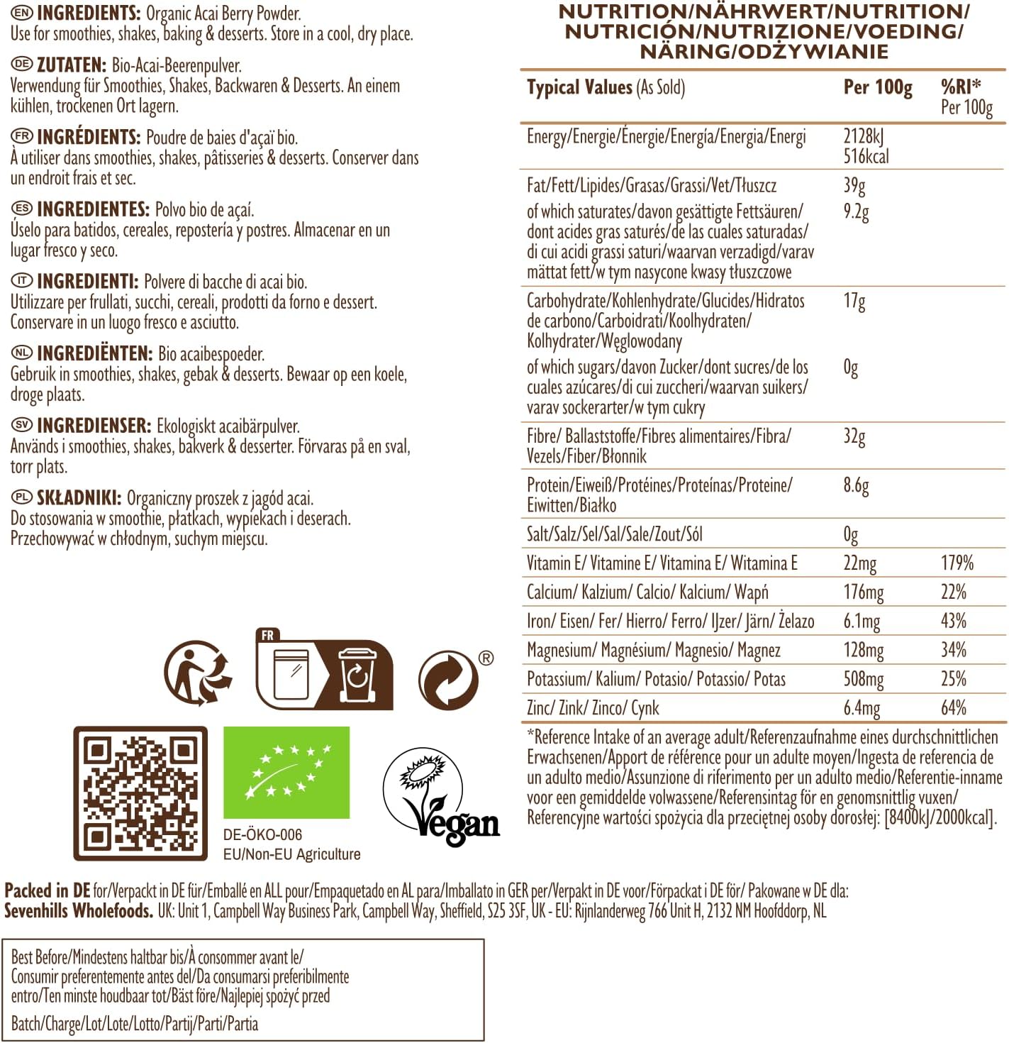 Detalle de Sevenhills Wholefoods Acai Beeren Pulver Bio 100 g – gefriergetrocknet, rohkost, pur & natürlich