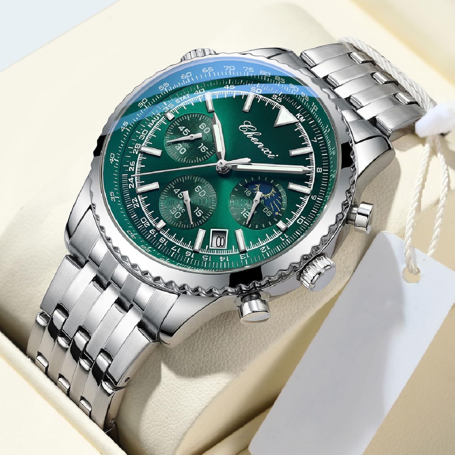 Detalle 2 de Tiong Herren Business Chronograph – Edelstahl & Lederarmband mit Mondphase, Sechshänder, wasserdicht und Leuchtziffern