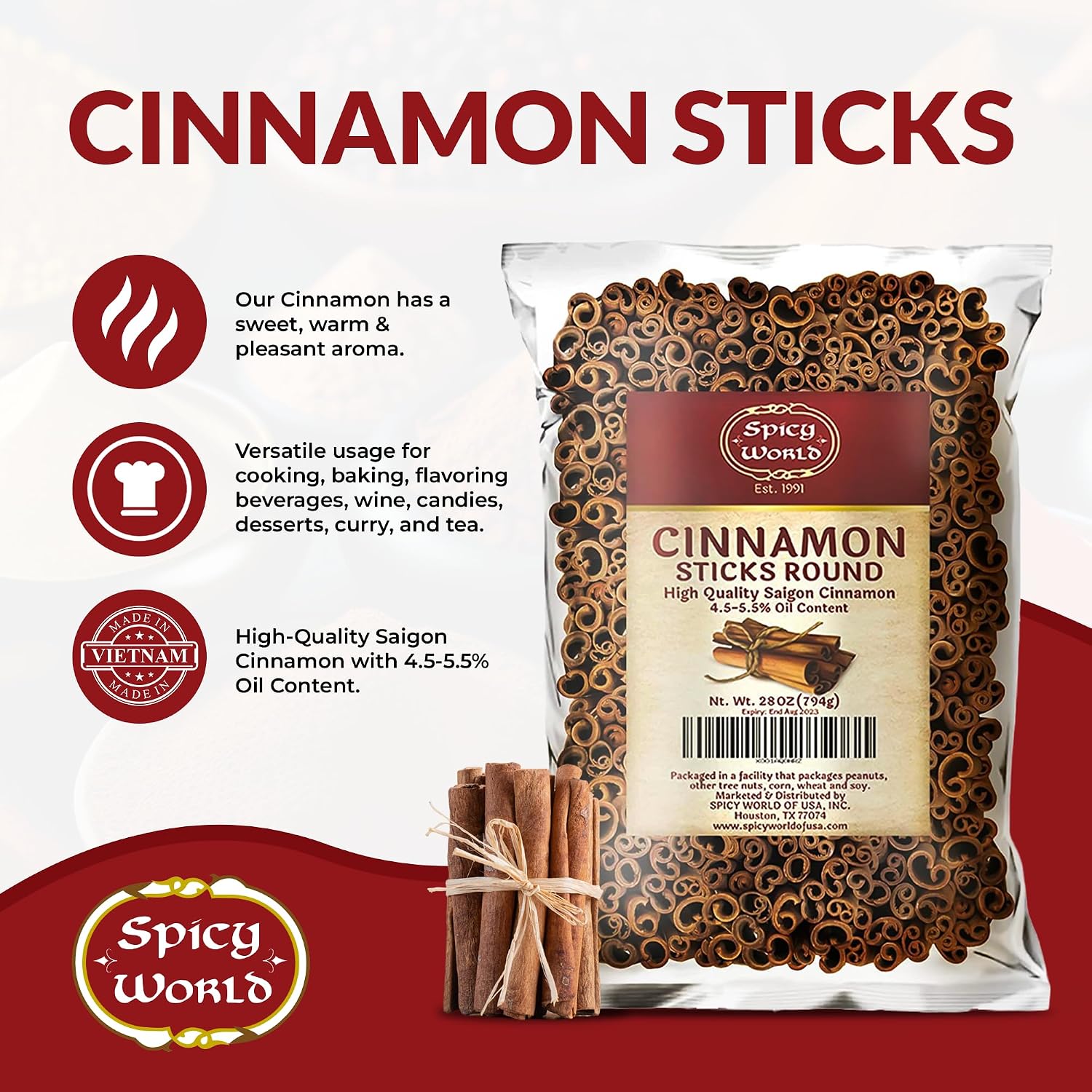 Detalle de Spicy World Cinnamon Sticks, 28 oz Bulk Bag, 150–175 Sticks, 3+ Inches