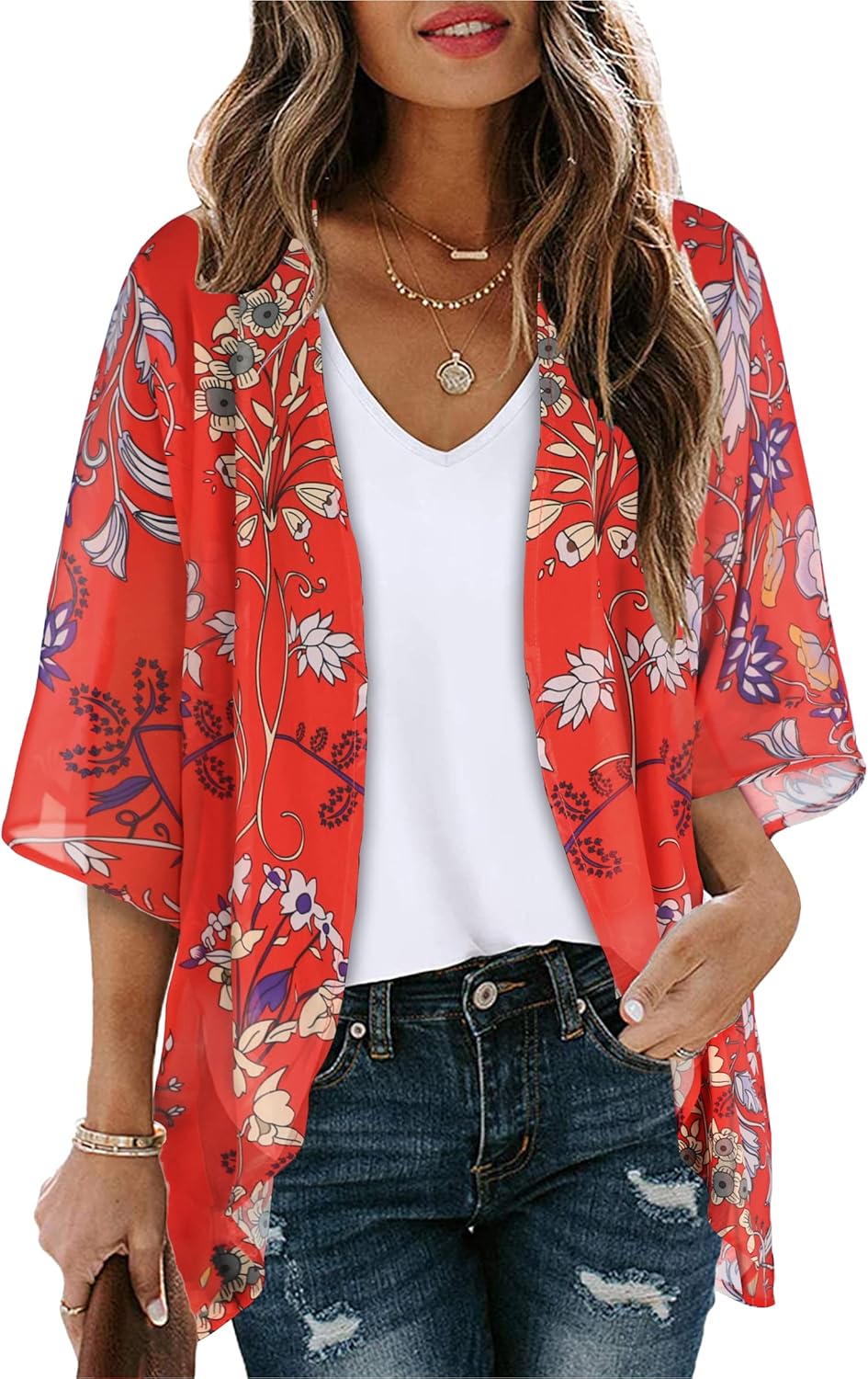 Detalle de Floral Puff Sleeve Kimono Cardigan 5XL đș