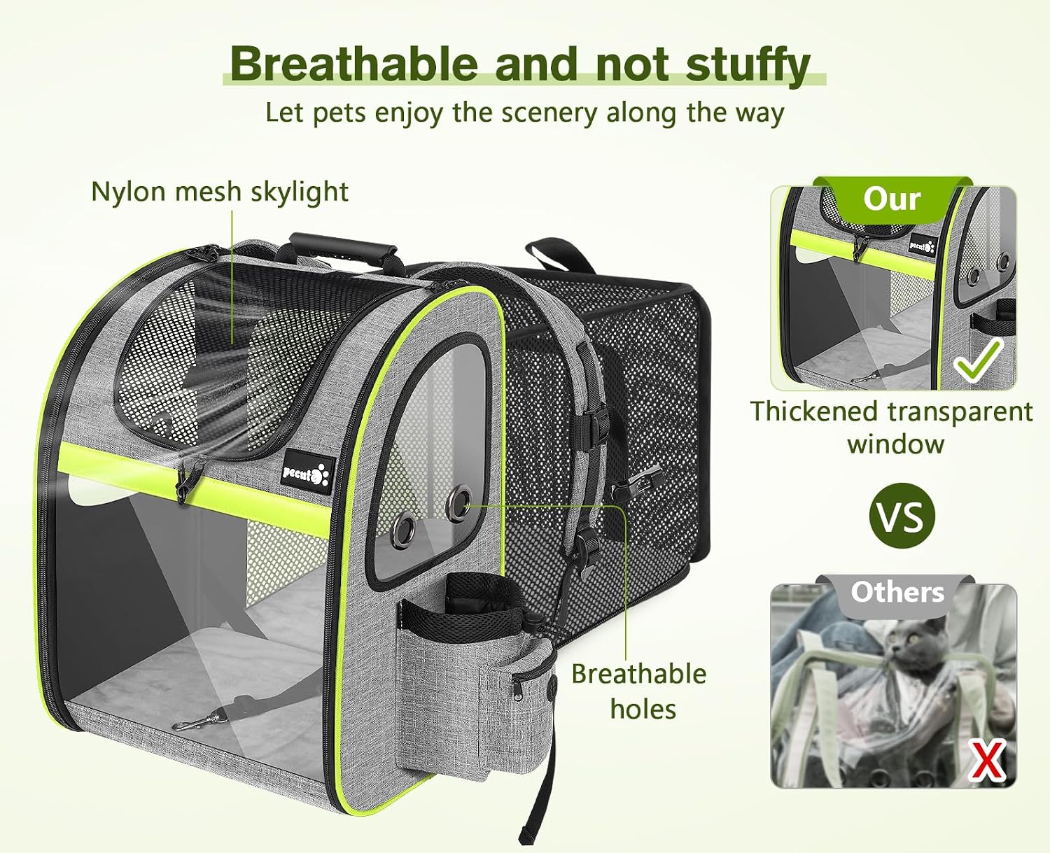 Detalle de Pecute Cat Carrier Dog Backpack Expandable in Grey (L) – Portable breathable rucksack with top opening
