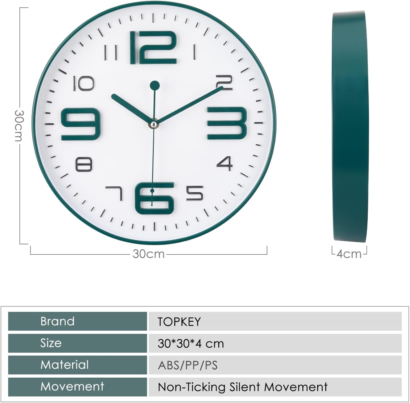 Detalle de Topkey Silent Wall Clock Kitchen 12 Inch – Retro Non-Ticking Decorative Clock in Blackish Green