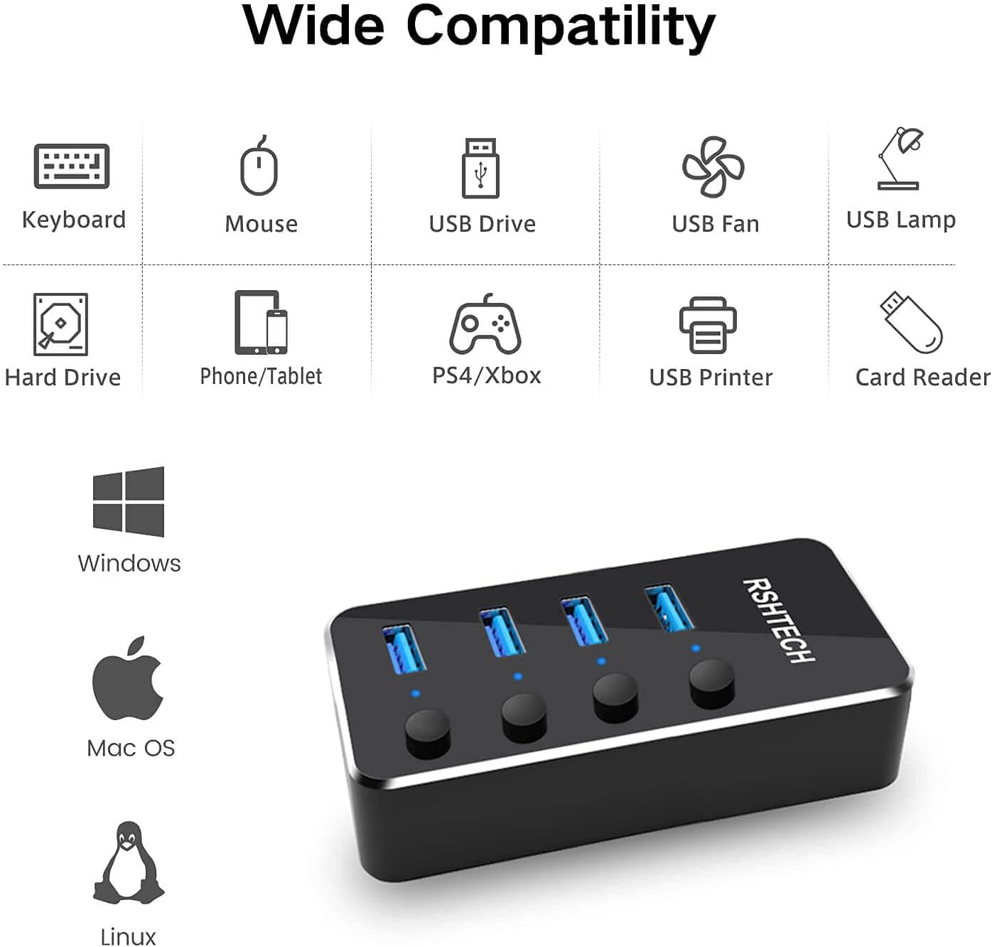 Detalle 2 de RSHTECH Powered USB Hub 4-port USB 3.0 🔌