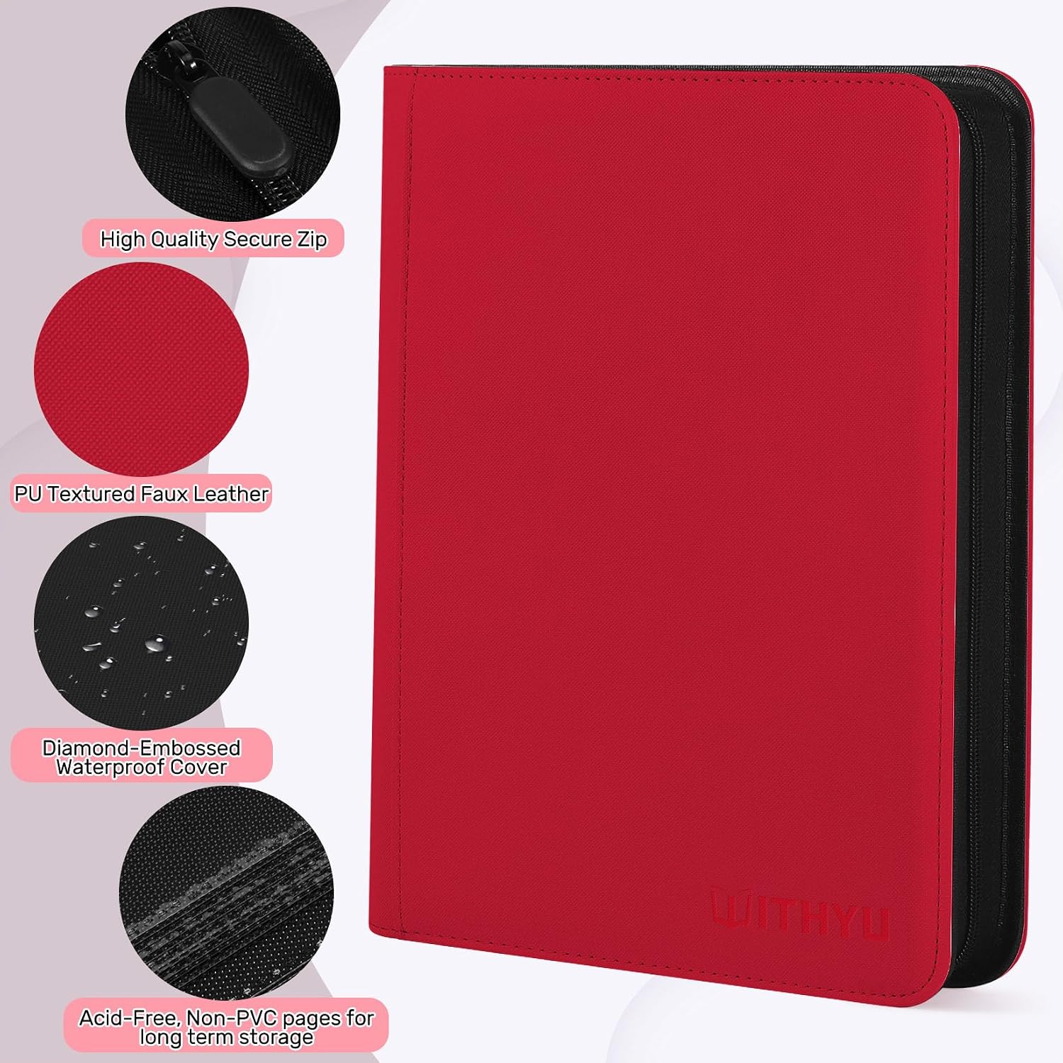 Detalle de WITHYU 16 Taschen Sammelalbum für Karten – 1024 Karten Kapazität, wasserdicht, seitlicher Einschub, Reißverschluss (Weinrot)