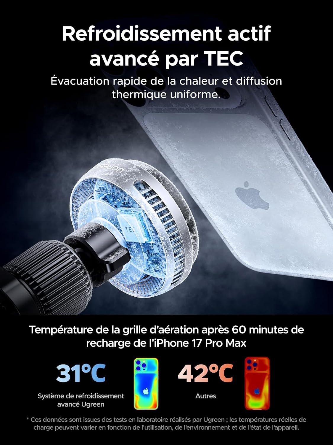 Detalle de UGREEN MagFlow Pro Qi2 25W : Chargeur MagSafe pour voiture avec refroidissement optimal et fixation sur grille d'aération