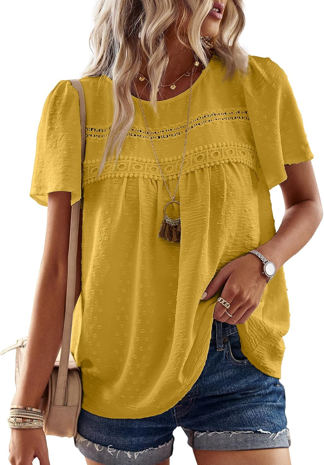 Detalle de Falechay Boho Tops for Women Swiss Dot Babydoll Blouse with Lace Hem