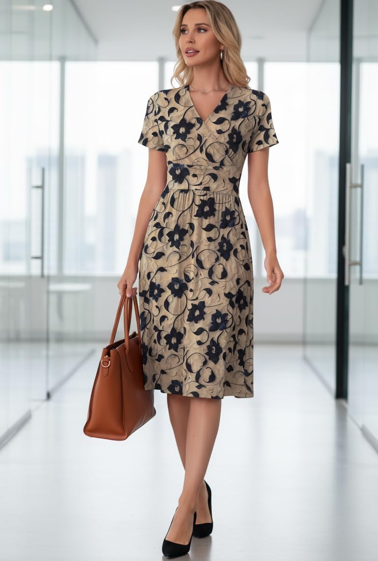 Detalle de WUWUSKY Women's Summer Dress – V-Neck Wrap Midi with Pockets