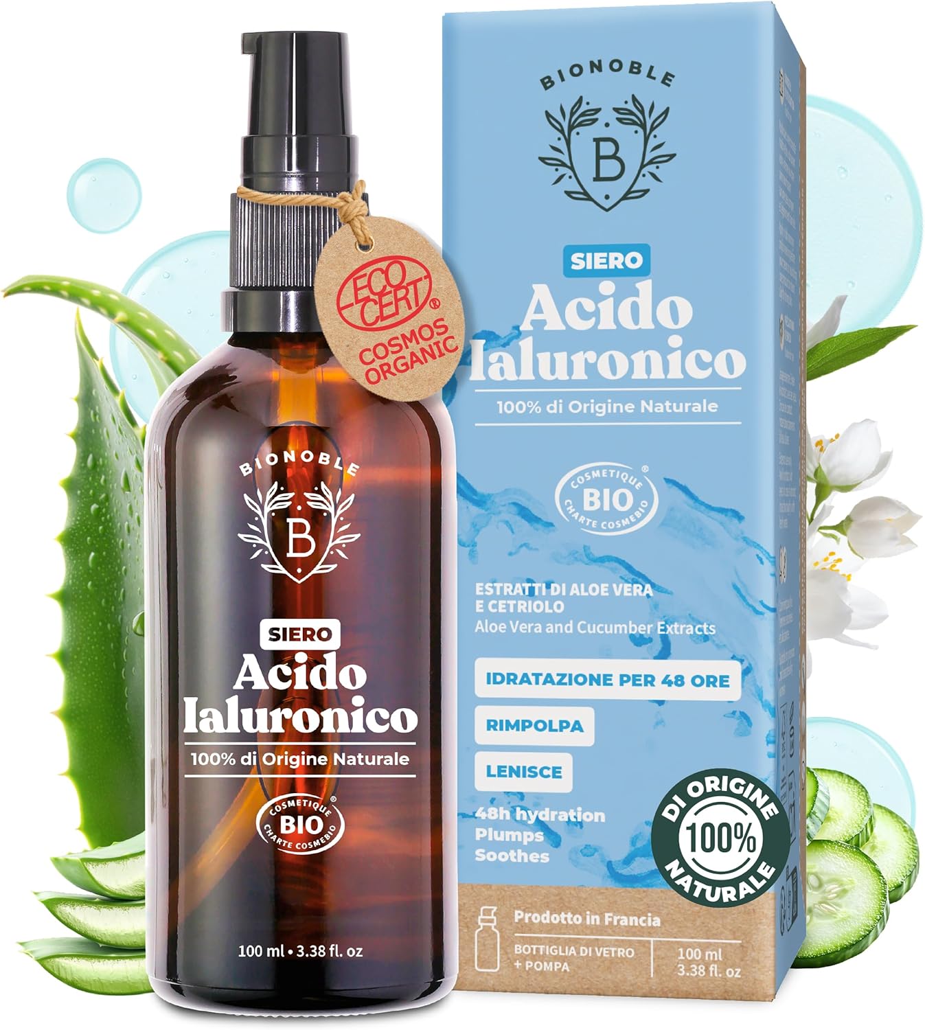 Detalle de BIONOBLE Siero Viso Acido Ialuronico Puro Bio – Idratante e Rimpolpante (100 ml, vetro con pompa)