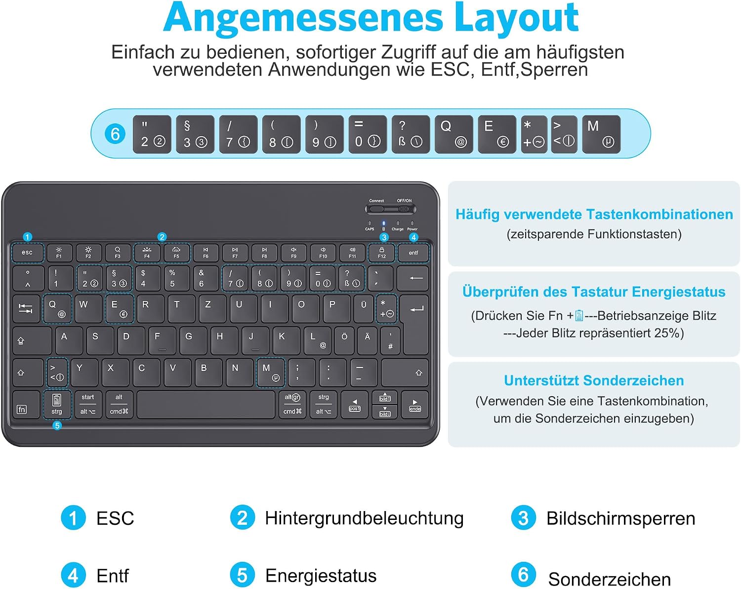 Detalle 1 de Emetok deutsche Bluetooth Tastatur – kabellos, wiederaufladbar, 7-farbige Hintergrundbeleuchtung, schwarz