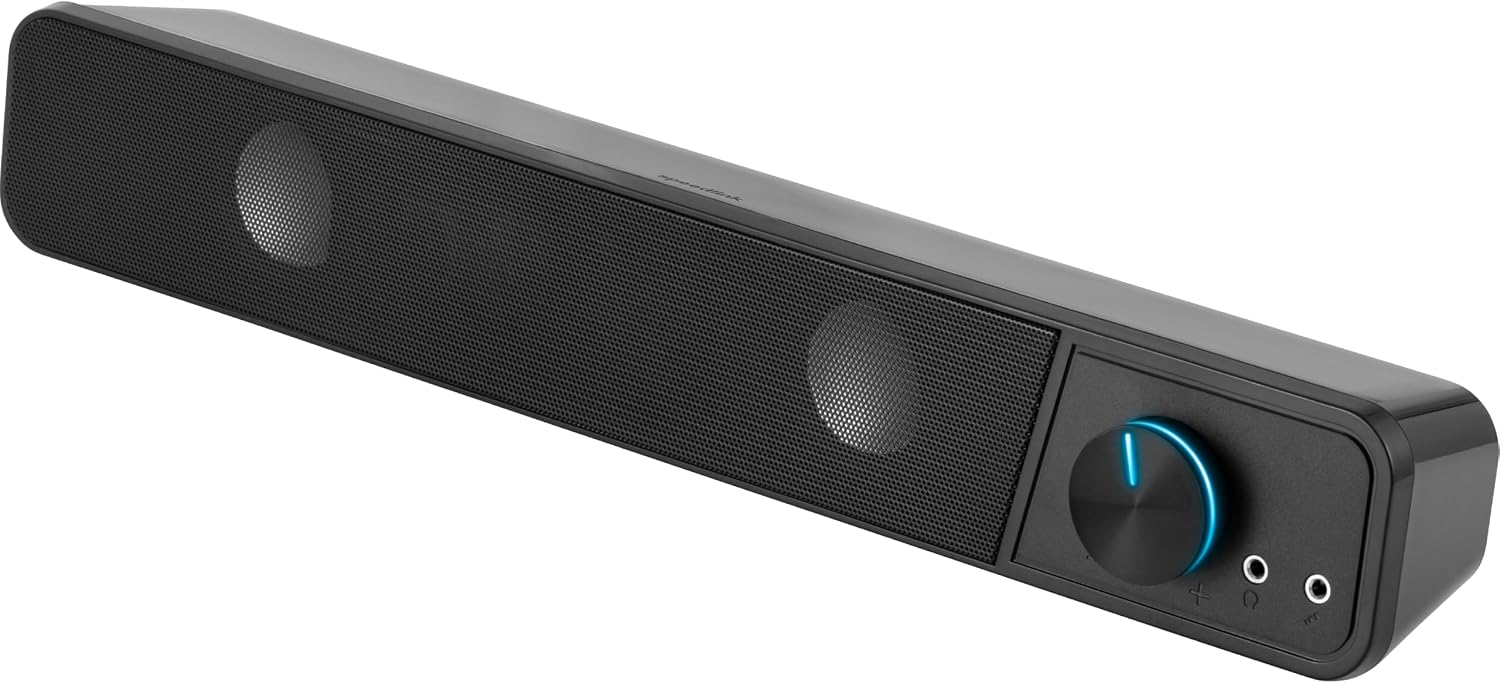 Detalle 2 de Speedlink BRIO Stereo Soundbar für den PC mit 12 Watt, AUX (3,5-mm) & Kopfhörer/Mikrofonanschluss, schwarz