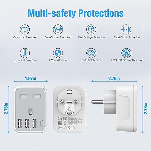 Thumbnail 6 de Omivine 2 Pack European to UK Plug Adaptor with 4 USB Ports (1 USB-C) – Grounded EU Travel Adapter, Type E/F