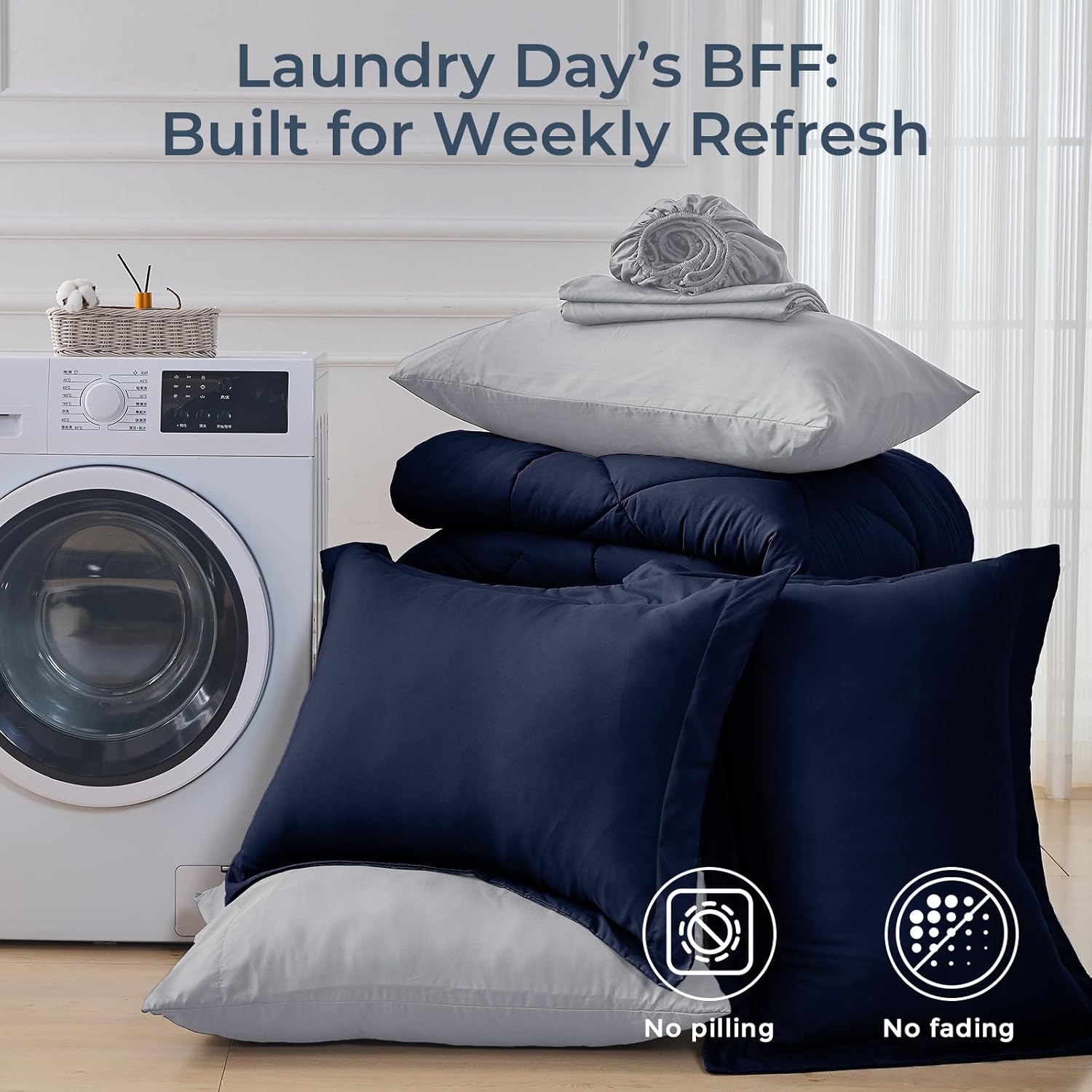 Thumbnail 6 de HEVUMYI Queen Comforter Set - 7-Piece All Season Bed in a Bag (Navy Blue & Light Grey)