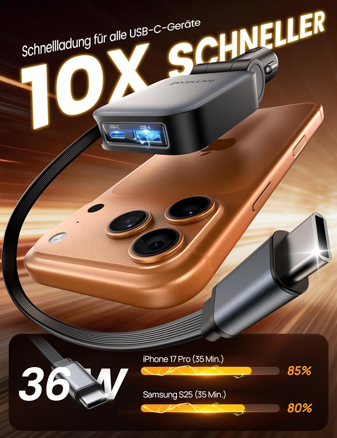 Detalle 2 de Lamicall 3 IN 1 Zigarettenanzünder USB C Auto Ladegerät – Ultraklein, 63W, integriertes Einziehbares Kabel