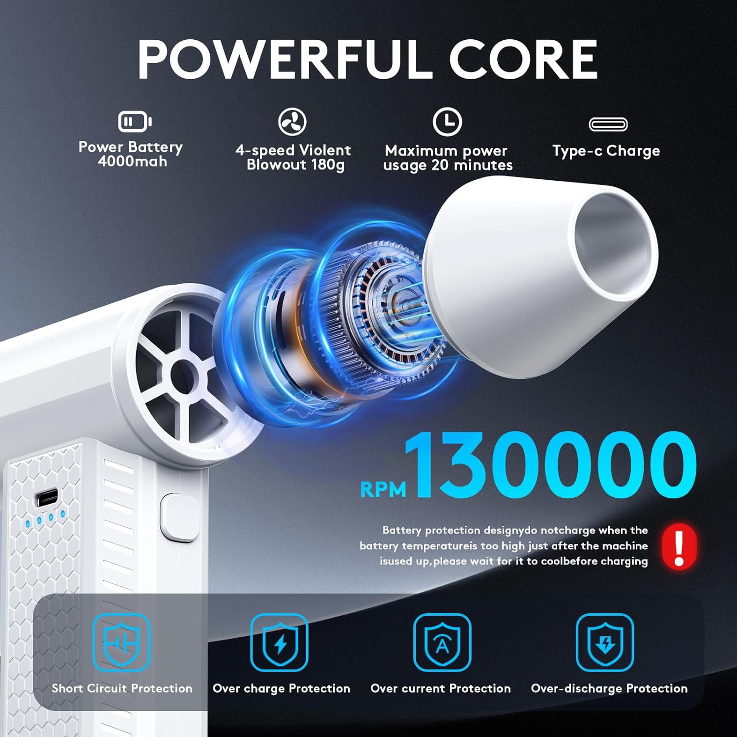 Thumbnail 3 de FOURQ Souffleur d’air comprimé sans fil, 130000 tours/min – 4 vitesses, batterie 4000 mAh, 5 buses et 3 brosses