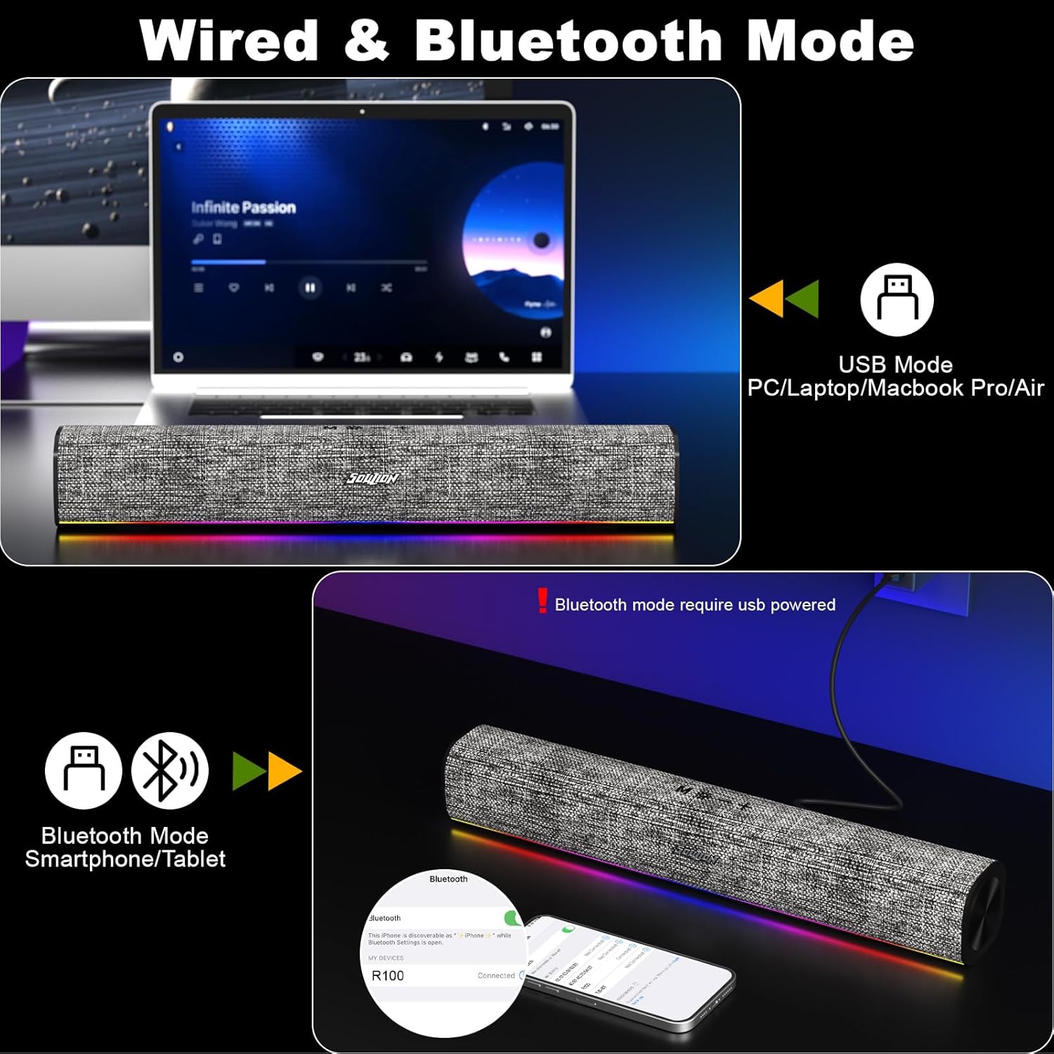 Thumbnail 2 de SOULION R100 PC Speakers: Compact USB‑Powered Bluetooth Soundbar for Desktop and Laptop