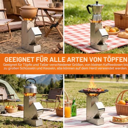 Detalle de Tomedny Camping-Raketenofen: Tragbarer Edelstahl-Holzofen mit abnehmbarem Grill und Lagertasche