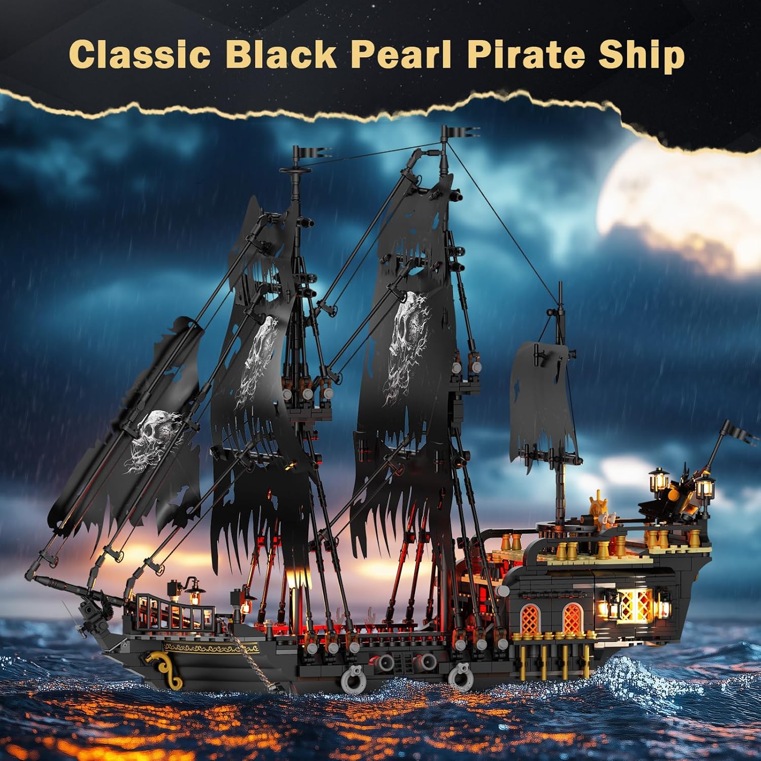 Detalle de JMBricklayer Pearl Pirate Ship with Lights (1713 PCS) — Black Ship Model Kit 40002