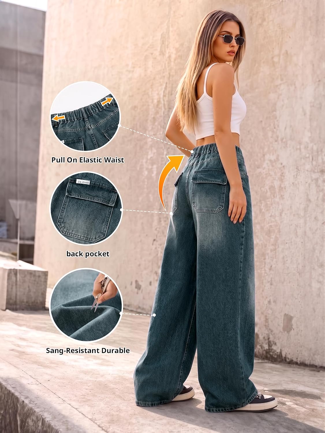 Detalle de EMMIOL Women Baggy Jeans — Mid-Low Waist Boyfriend Wide-Leg Denim Pants