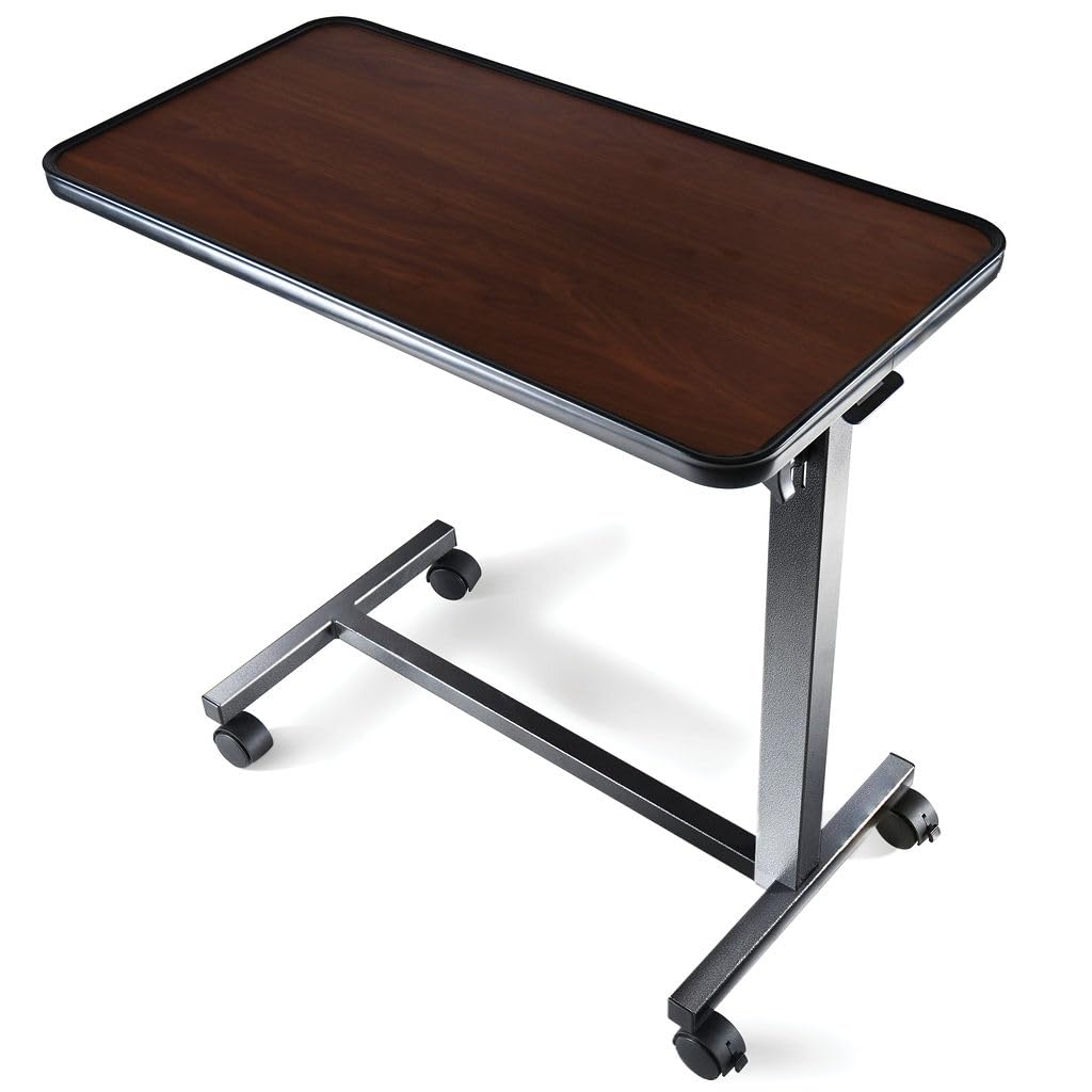 Detalle de Medical king MK7142 Adjustable Overbed Table with Wheels and Walnut Top