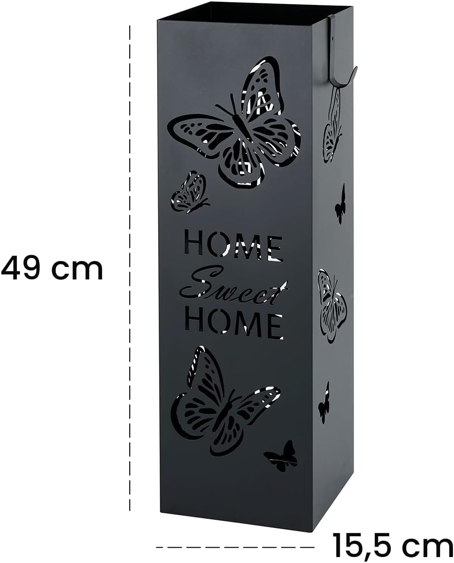 Detalle de Baroni Home Porte-Parapluie en Métal Carré – Style Moderne avec Sweet Home et Papillons, Noir, 49 x 15,5 x 15,5 cm
