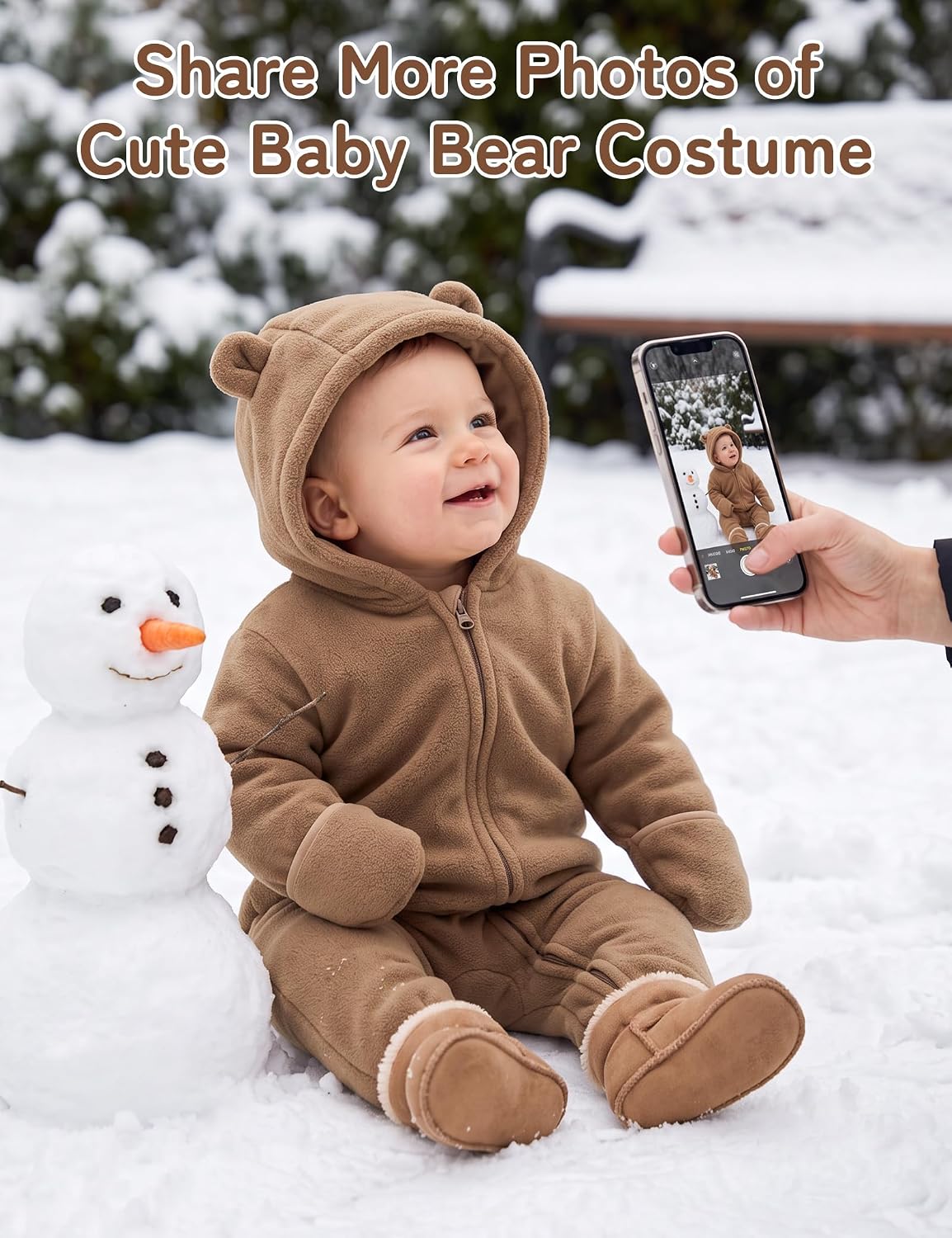 Detalle 1 de Babymine Newborn Bear Snowsuit, Winter Fleece with Hood, Mittens and Footies