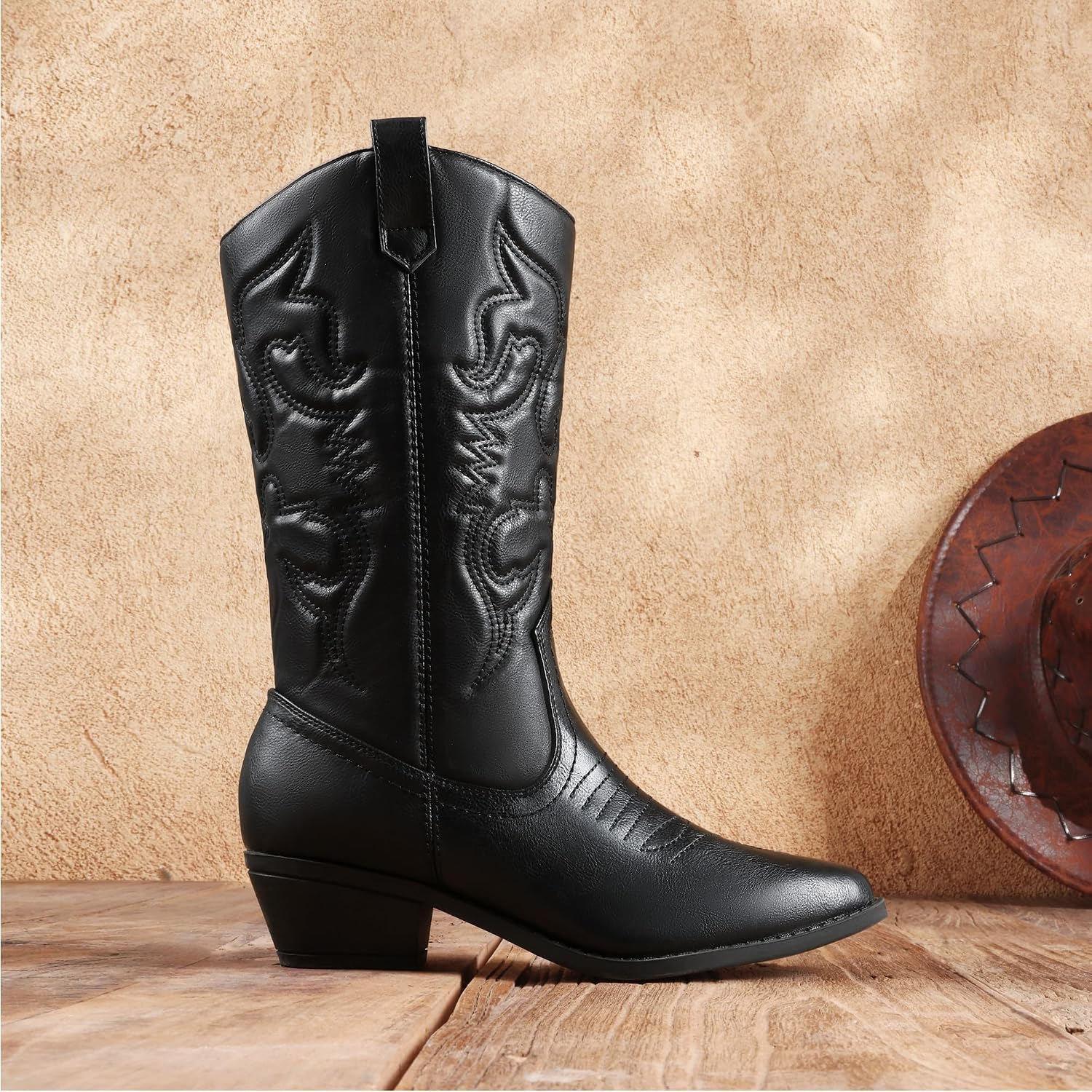 Detalle de DREAM PAIRS Women's Mid-Calf Western Boots with Pointed Toe and 1.77-Inch Heel