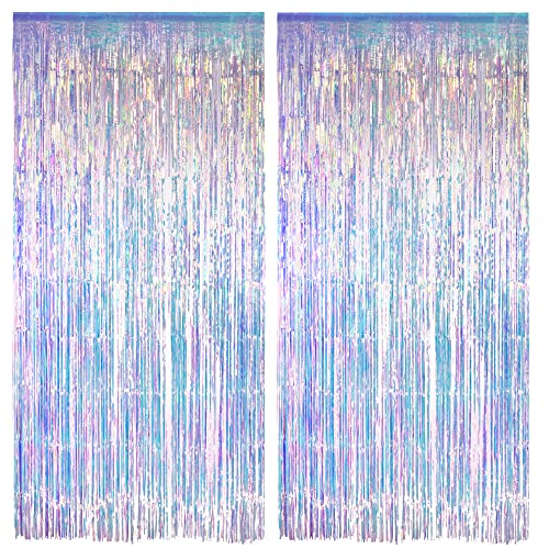 Detalle de GREATRIL Iridescent Party Streamers Backdrop, 2-Pack (3.2ft x 6.5ft) – Transparent Holographic Fringe Curtain