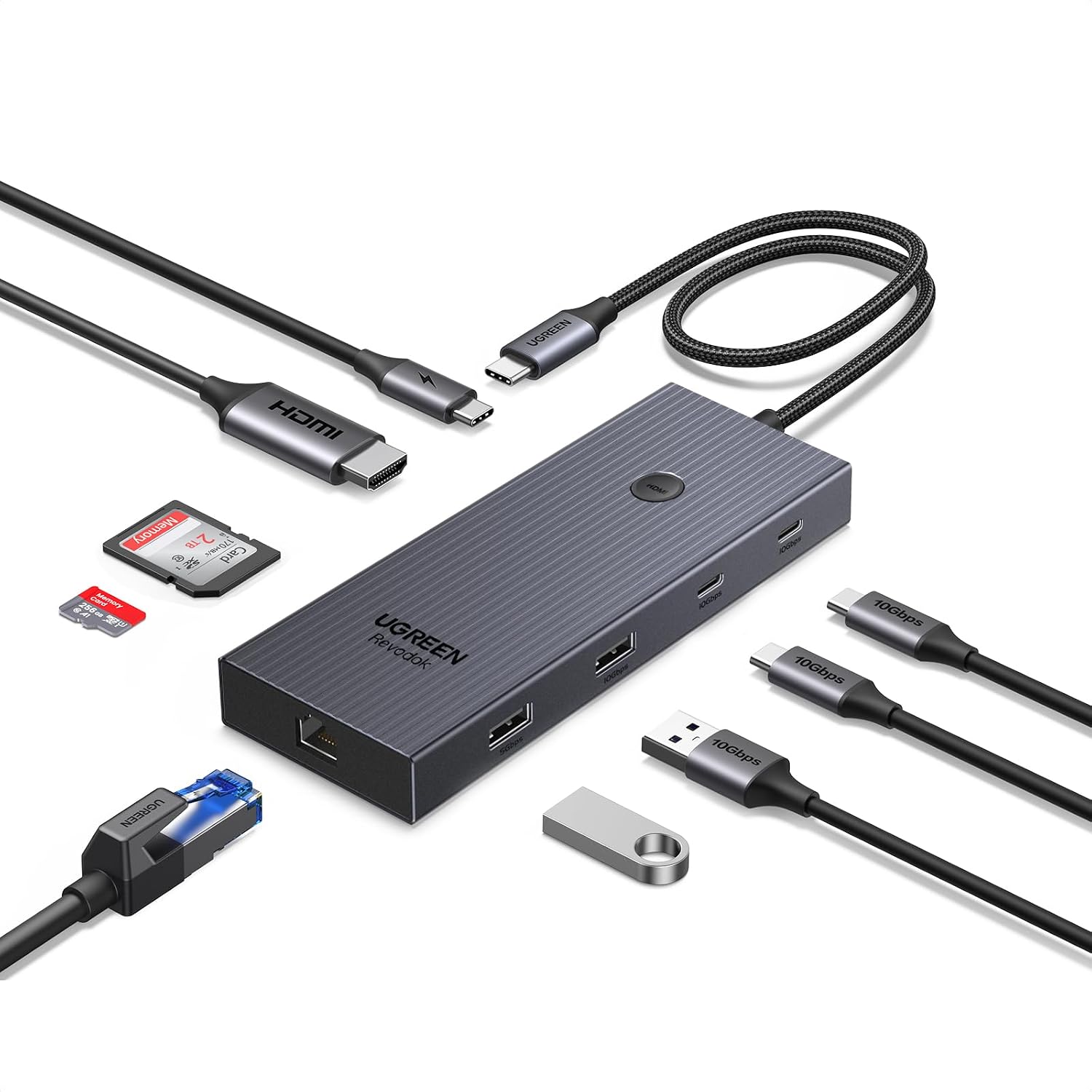 Detalle de UGREEN 9-in-1 USB-C Hub (HDMI to USB-C) with 4K@60Hz, Gigabit Ethernet, 100W PD and 3x 10Gbps ports