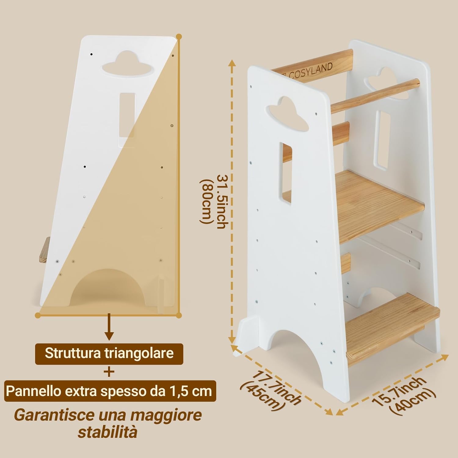 Thumbnail 1 de COSYLAND Torre Montessoriana per Bambini - 3 Altezze, 100 kg, Bianco Classico & Naturale