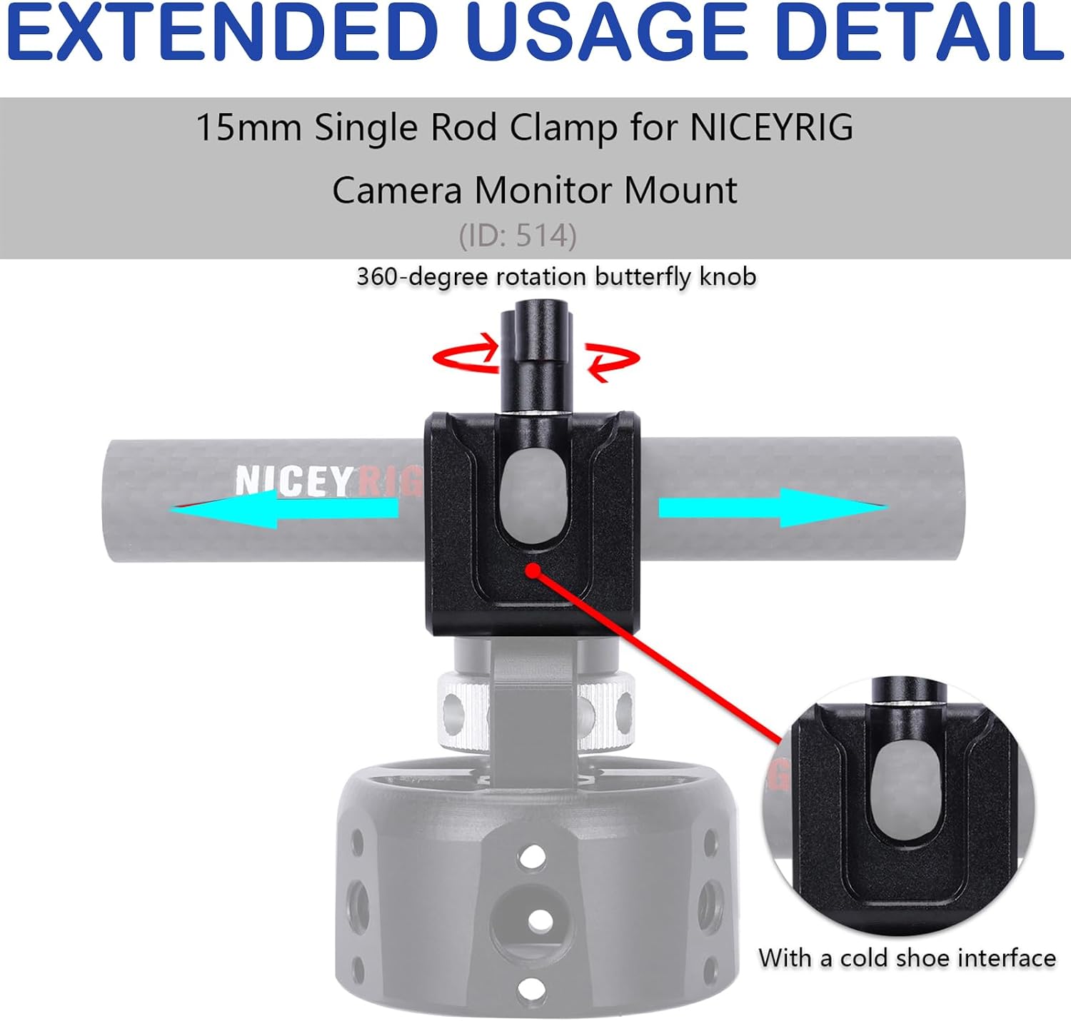 Detalle de NICEYRIG 15mm Single Rod Clamp 552 with 3/8''-16 locating hole (for ARRI), cold shoe side mount for EVF/mic setups